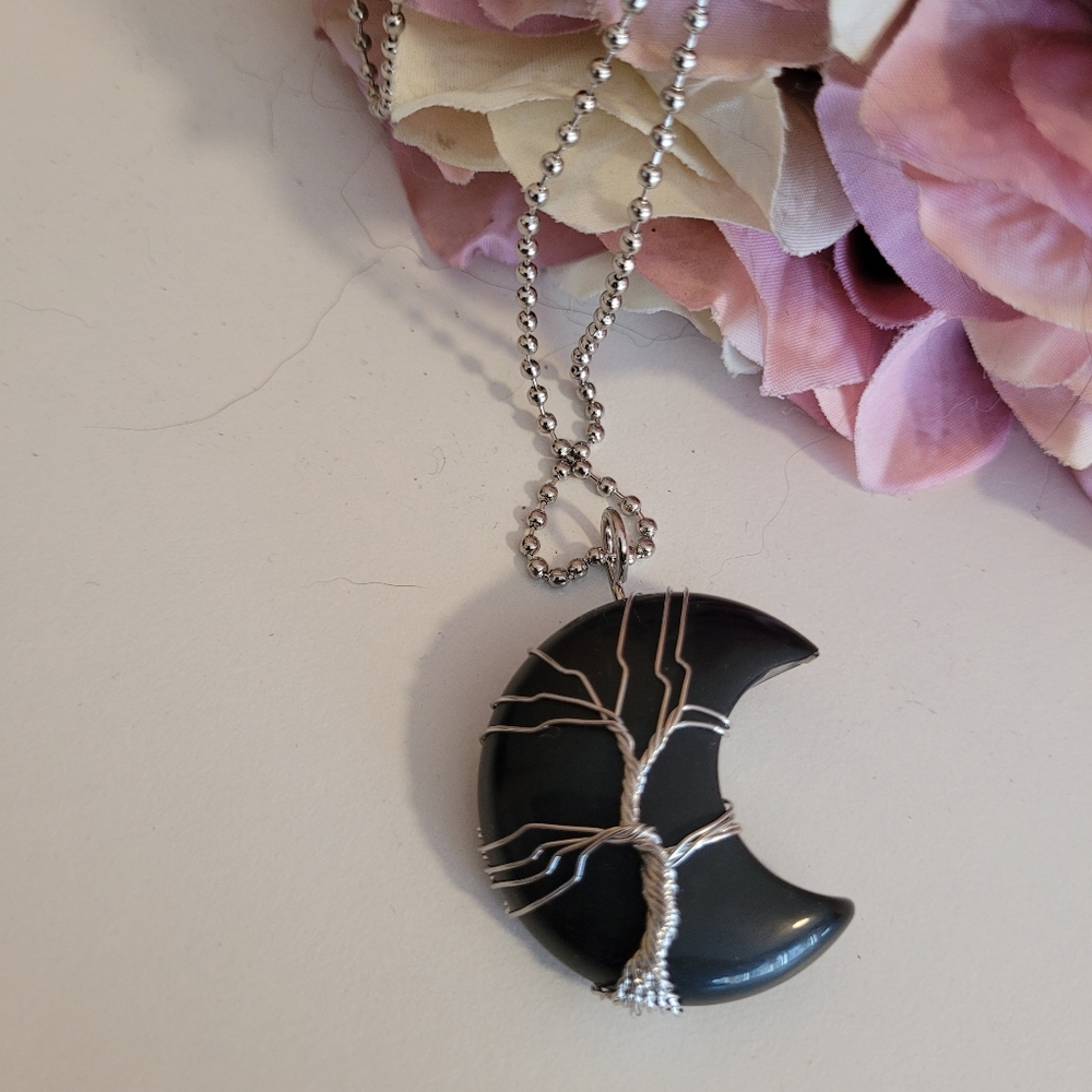 22" Ball Chain Silver Necklace Wire Wrapped Moon Shaped Natural Polished Onyx